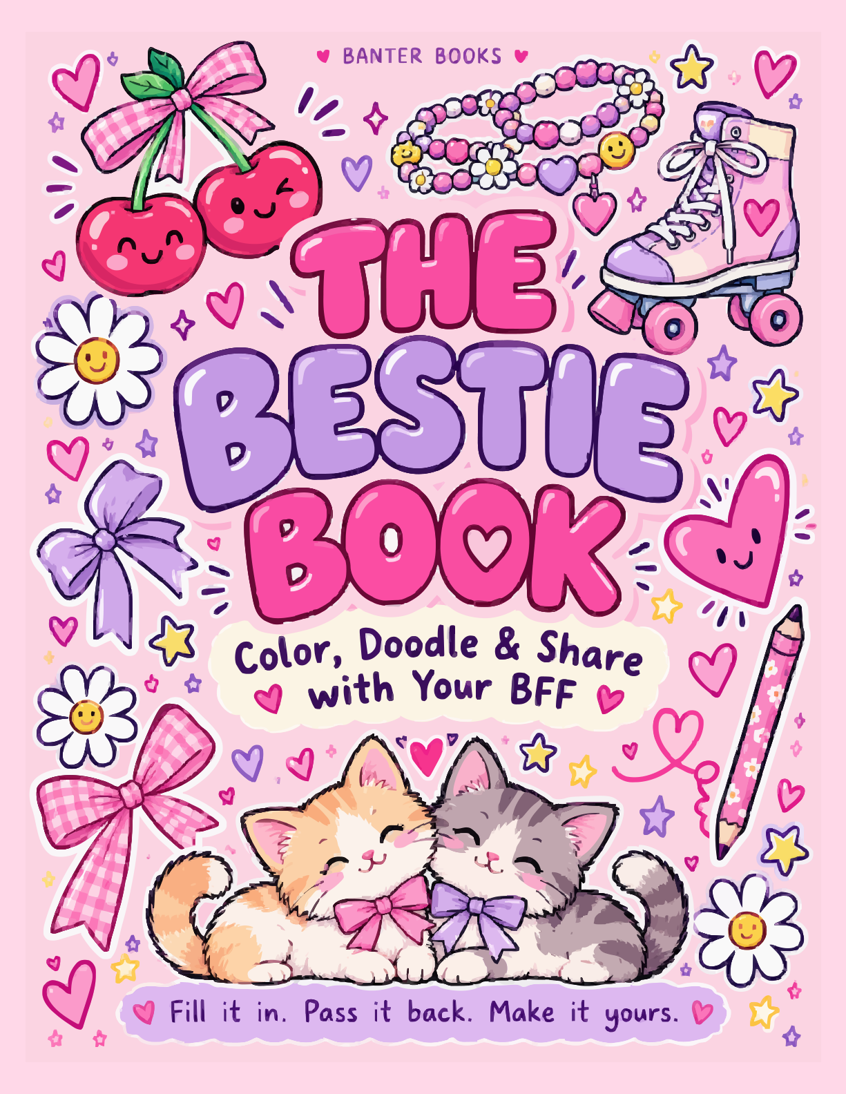 The Bestie Book cover, with pink and purple lettering, friendship bracelets, cherries, and two cuddling kittens