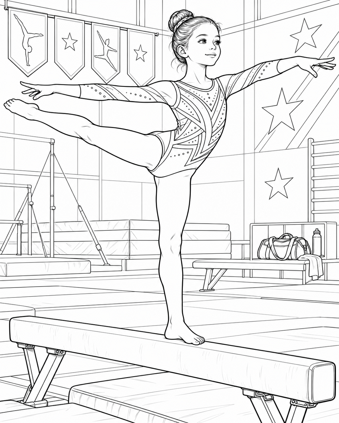 Gymnast coloring page showing an arabesque on the balance beam