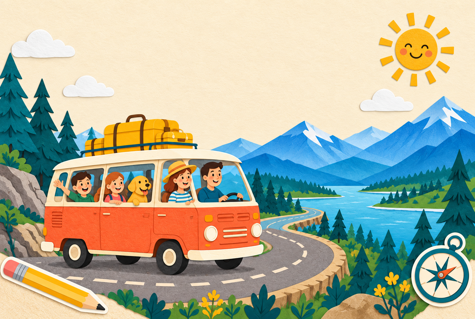 A family and their dog exploring mountains in a bright orange camper